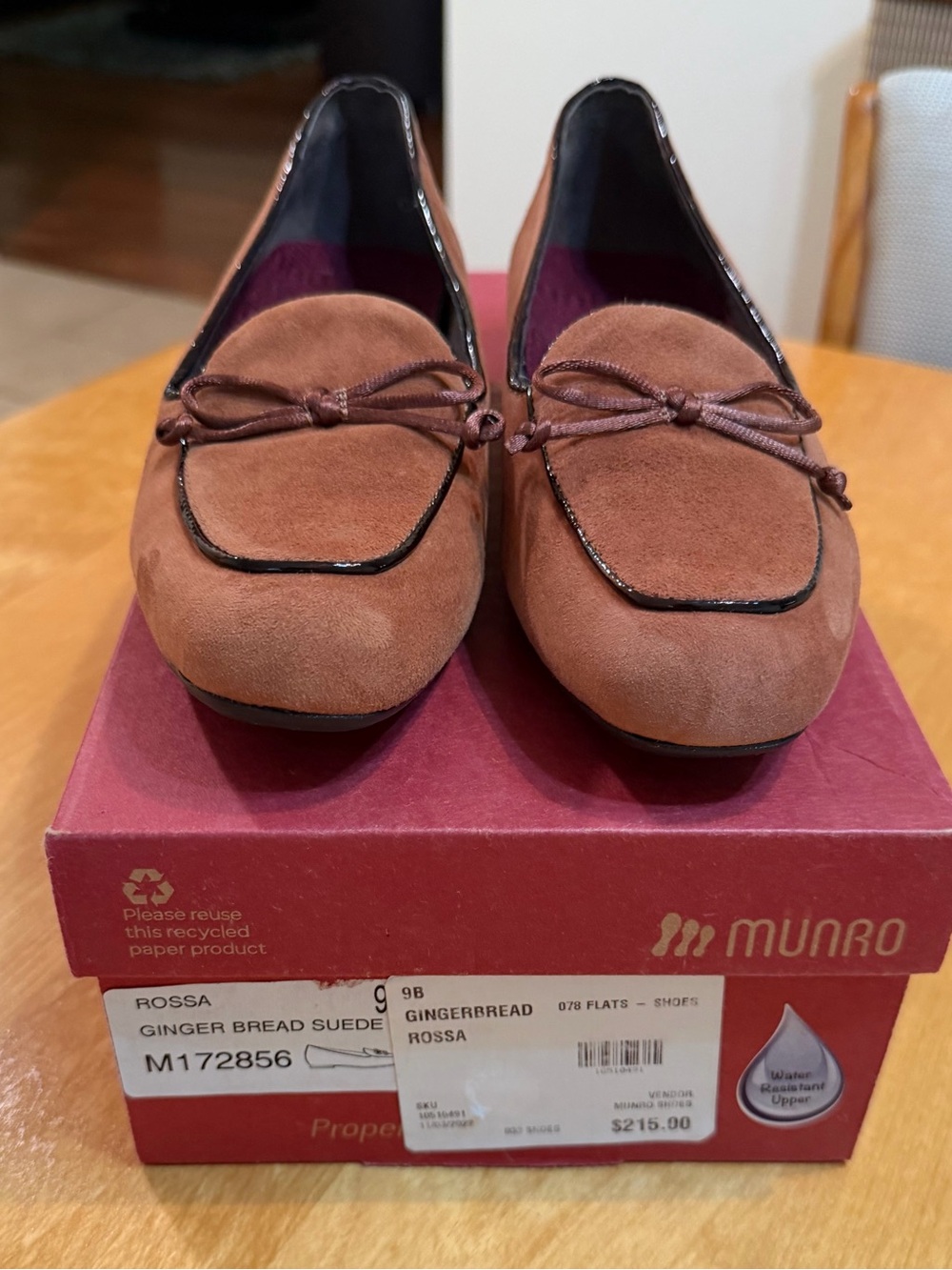 Munro Gingerbread Brown Suede Loafers with Patent Trim